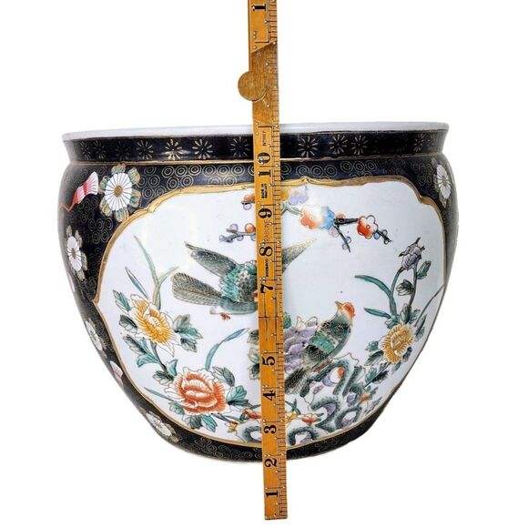 Ceramic Chinese Chinoiserie Fishbowl Floral Bird Motif Vintage Bowl Planter - Picture 8 of 9
